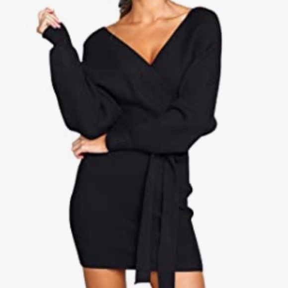 Zonsaoja | Women's Sweater Dress V Neck Long Sleeve Backless - Picture 3 of 15